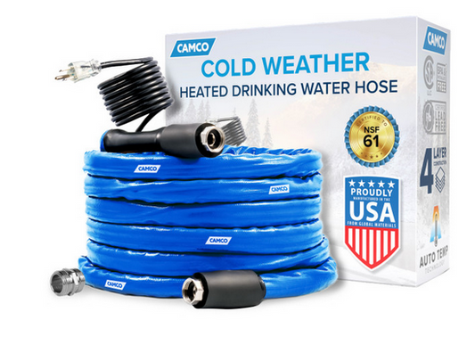Camco 25' Heated Water Hose for RV — Prevents Freezing Down to -20° — Certified For Drinking Water & Lead-Free 5/8" ID 22911